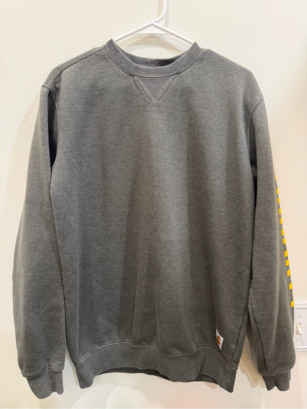 Carhartt Gray Crewneck Sweatshirt S Small Loose Fit Yellow Sleeve Logo